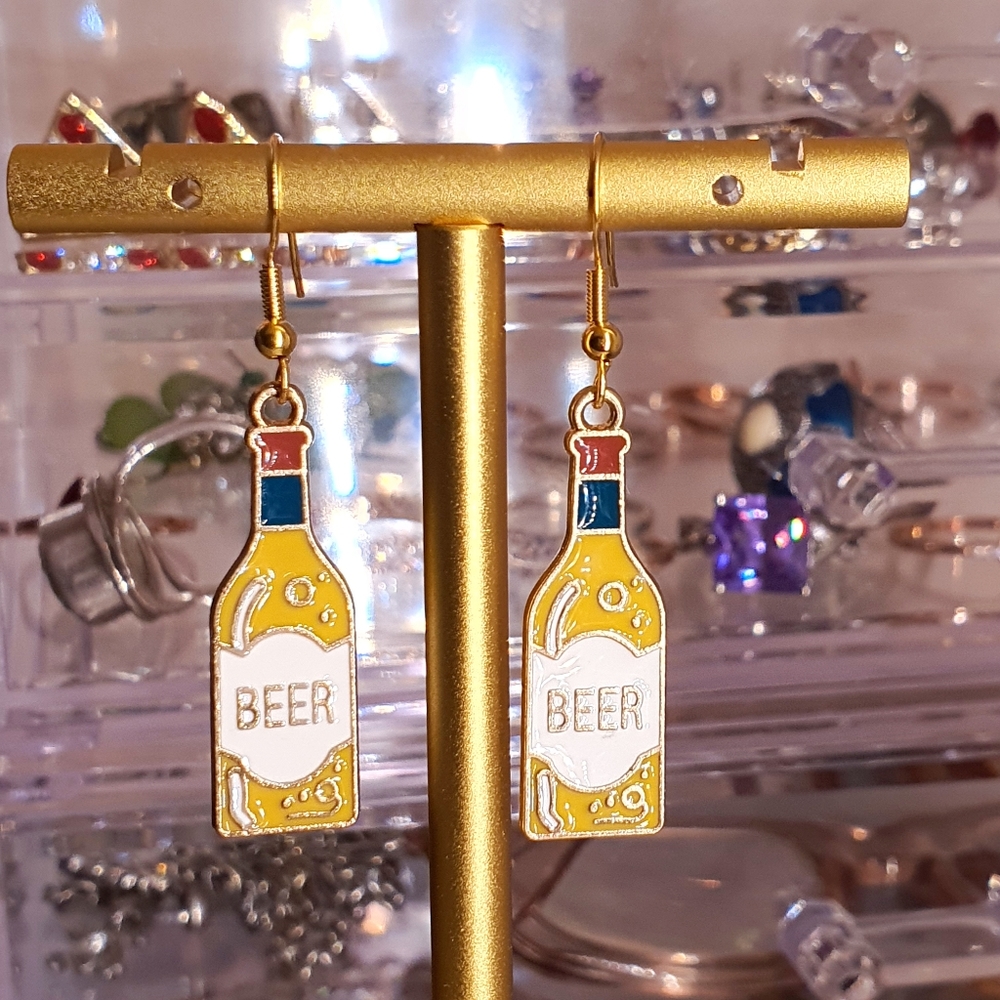 Beer Bottle Enamel Gold Metal Earings